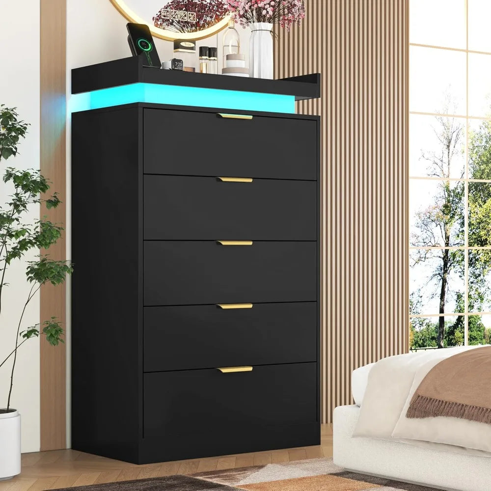 Dresser For Bedroom Black with Led Lights Wood Drawer – Everythings.Life