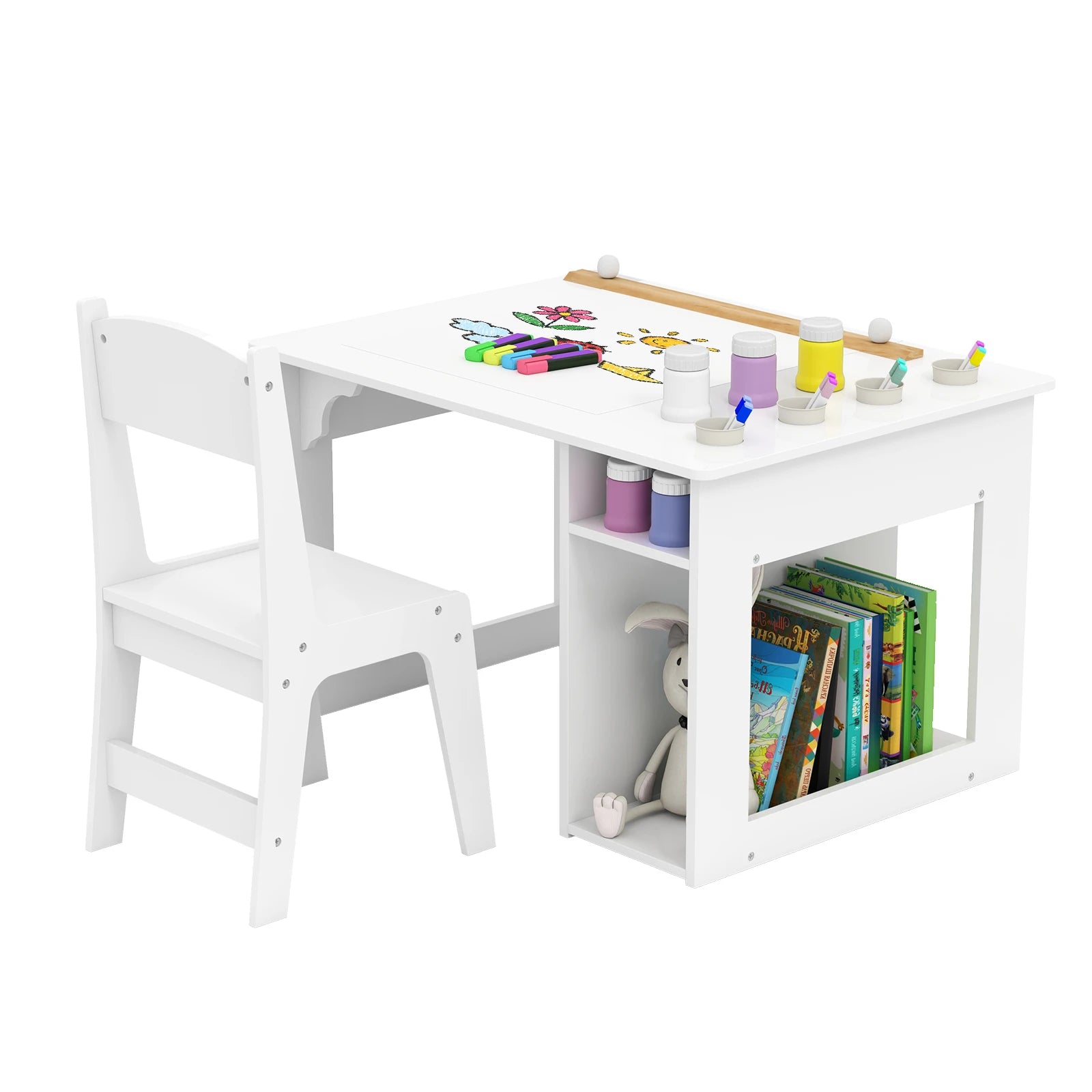 Kids Art Table and Chair Set | Paper Roll 4 Paint Cups 2 Storage ...
