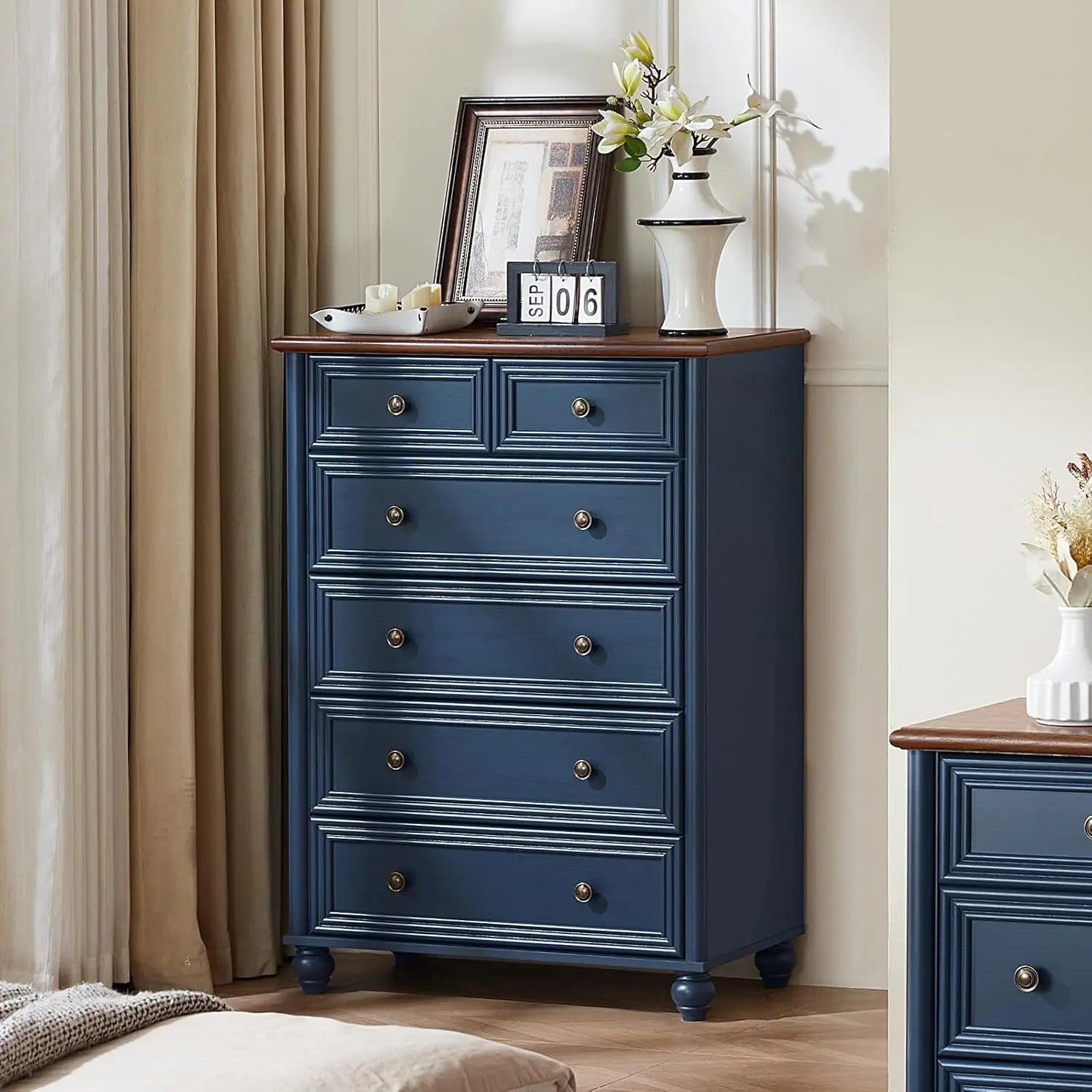 6 Drawer Farmhouse Dresser Blue Rustic Wood Chest Metal Handles 43.5