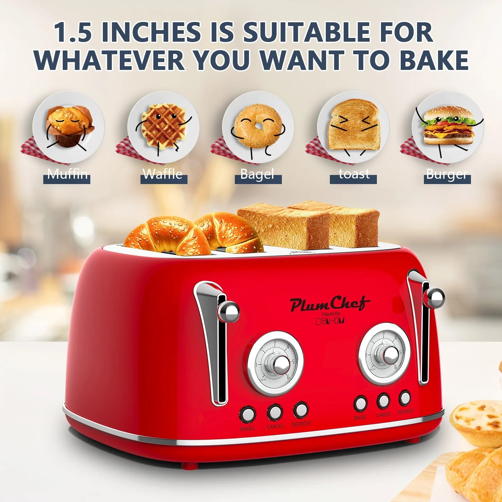 Retro 4-Slice Toaster - Red Dual Control Toaster with Stainless Steel ...
