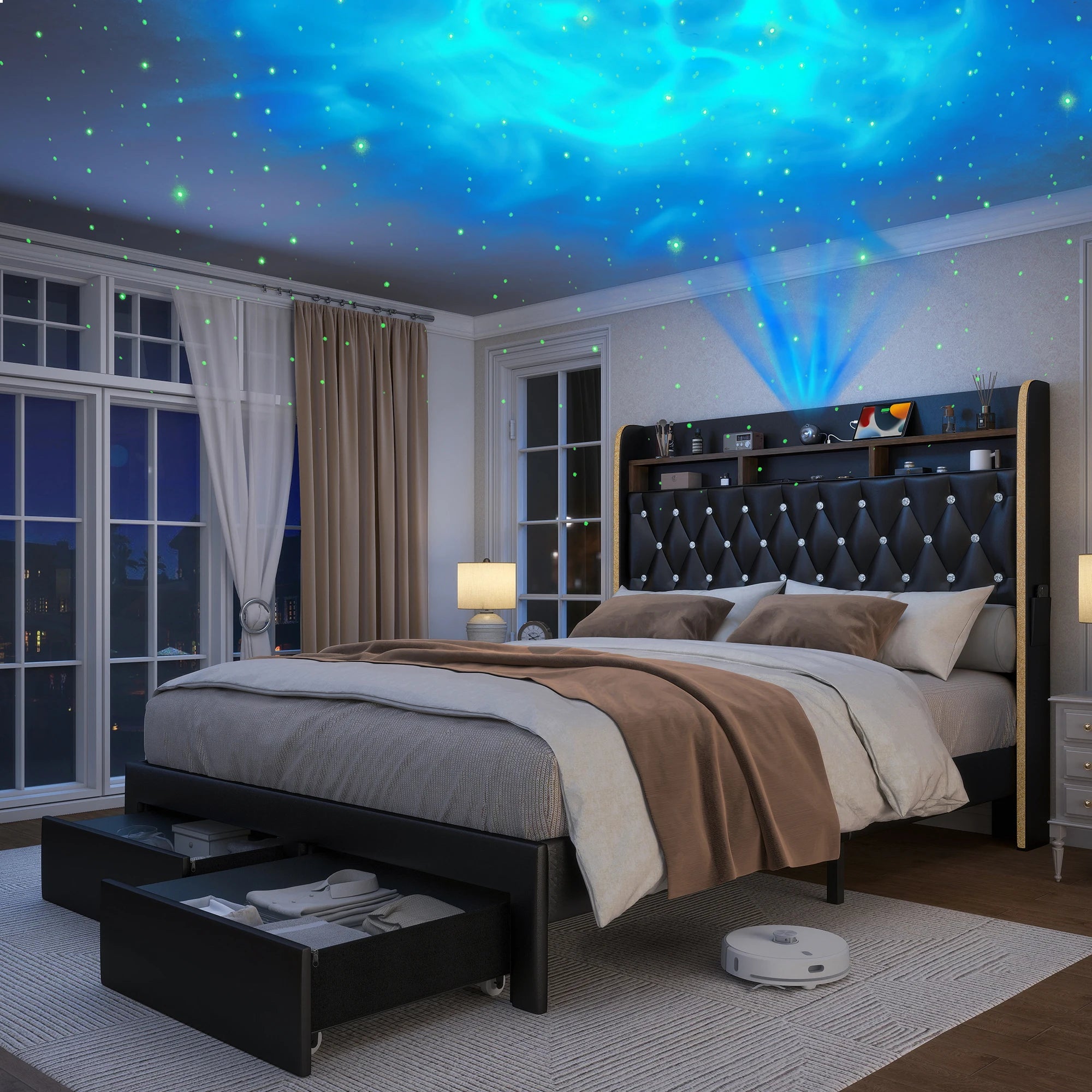 LED Bed Frame with Storage Drawers & Star Projector — Twin, Full, Queen ...