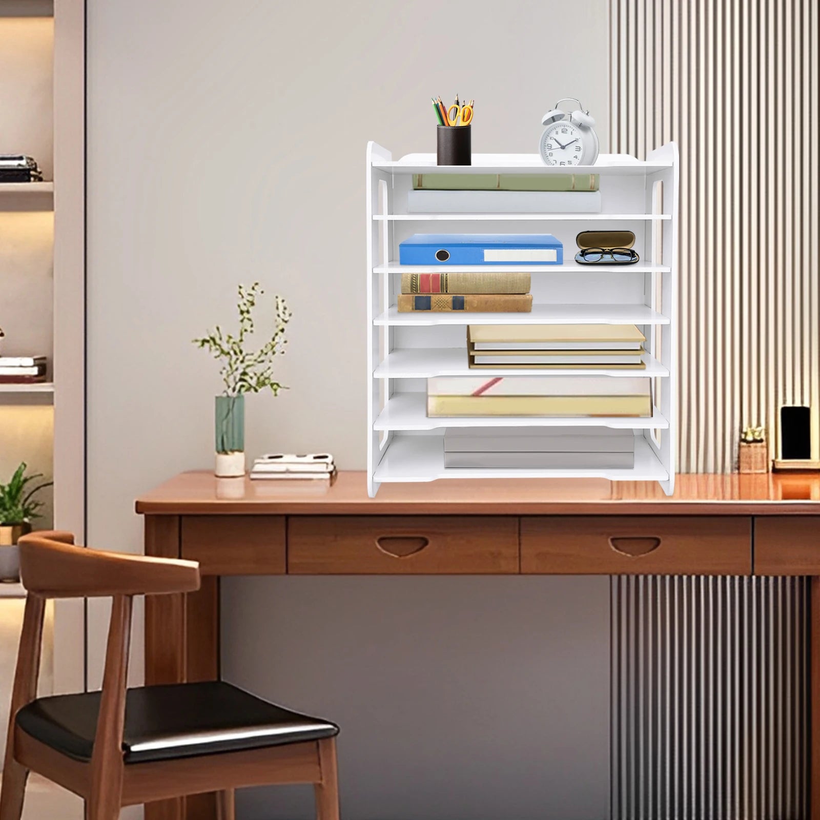 Document Table With Racks 7-Tier White PVC File Document Rack Desktop Literature Storage Cabinet ...