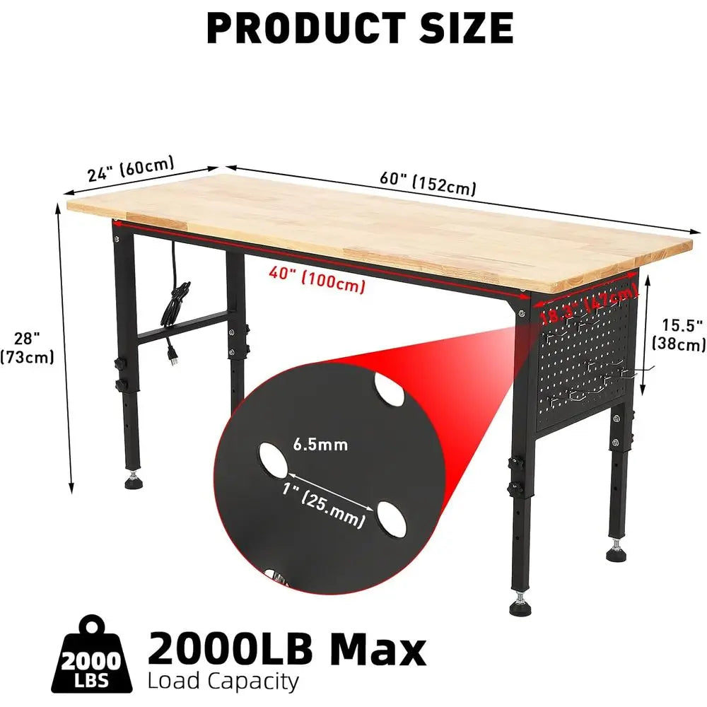 Workbench 60 Inches Industrial Strength Adjustable Workbench - 60x24 inch with Power, USB ...