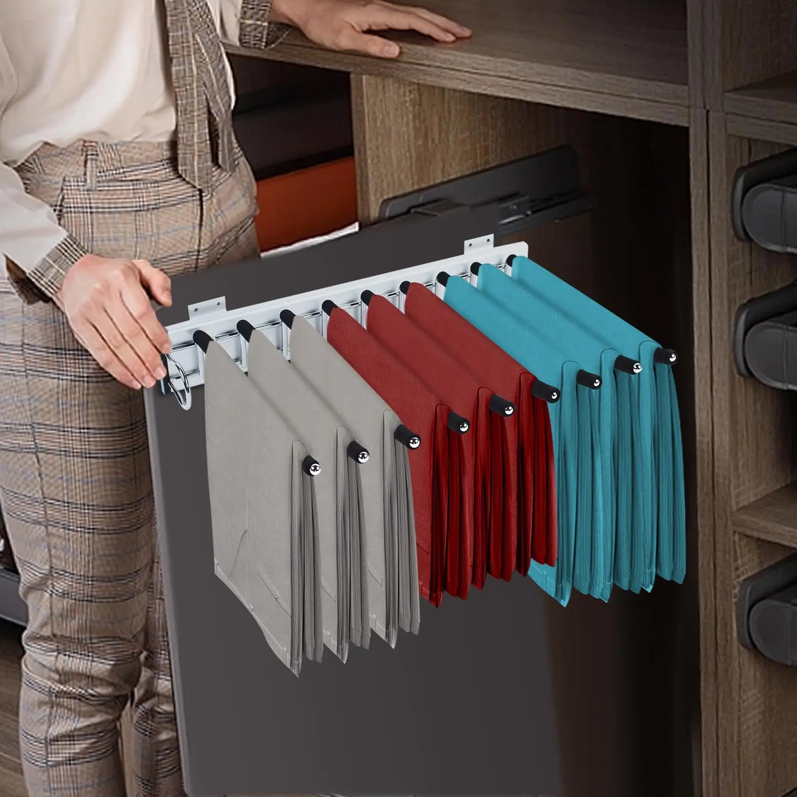 Pull Out Trouser Rack 9 Arms Steel Top Mounted | Wardrobe Closet Pants ...