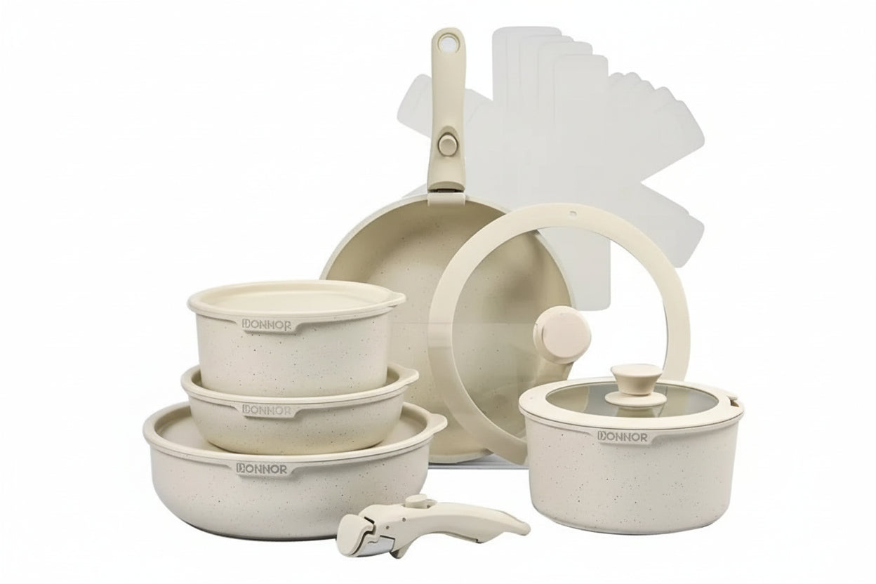 Donnor kitchenware set including pots, bowls, and lids on a white background with 'Donnor' branding.