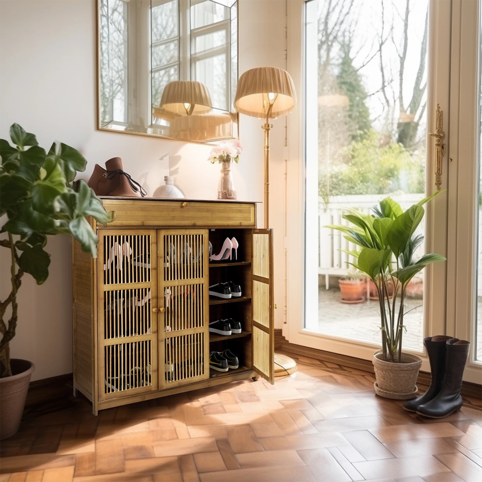 Vintage Bamboo Shoe Rack 4-Tier Storage Cabinet 3 Doors Entryway ...