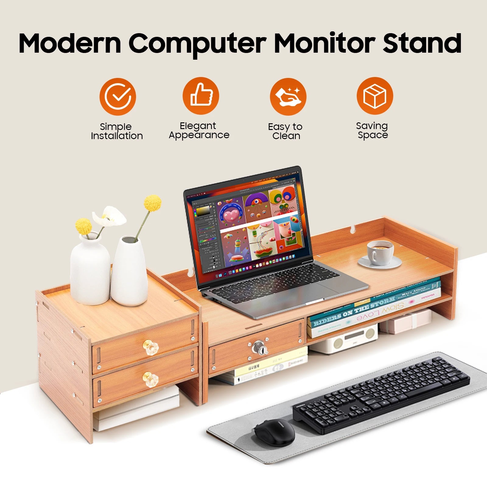 Computer Monitor Riser Stand Layer Wooden Desktop Organizer Shelf ...