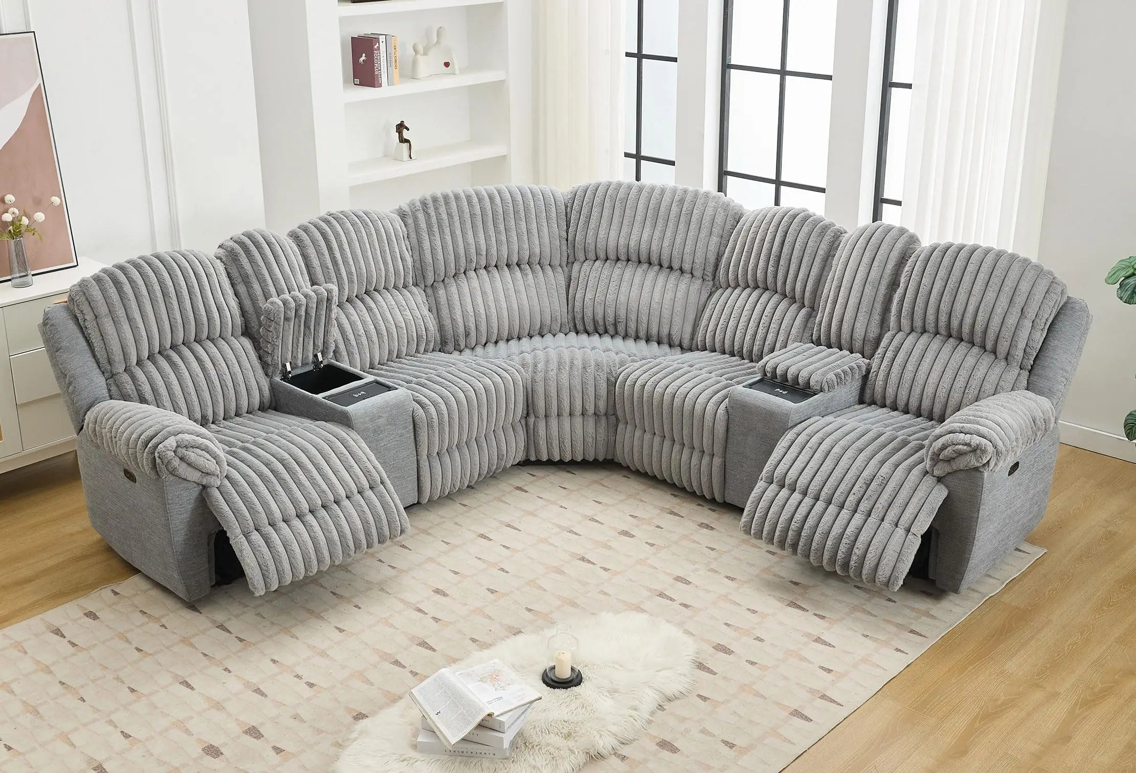 Power Reclining L-Shaped Fuzzy Rabbit Plush 5-Seater Sectional ...