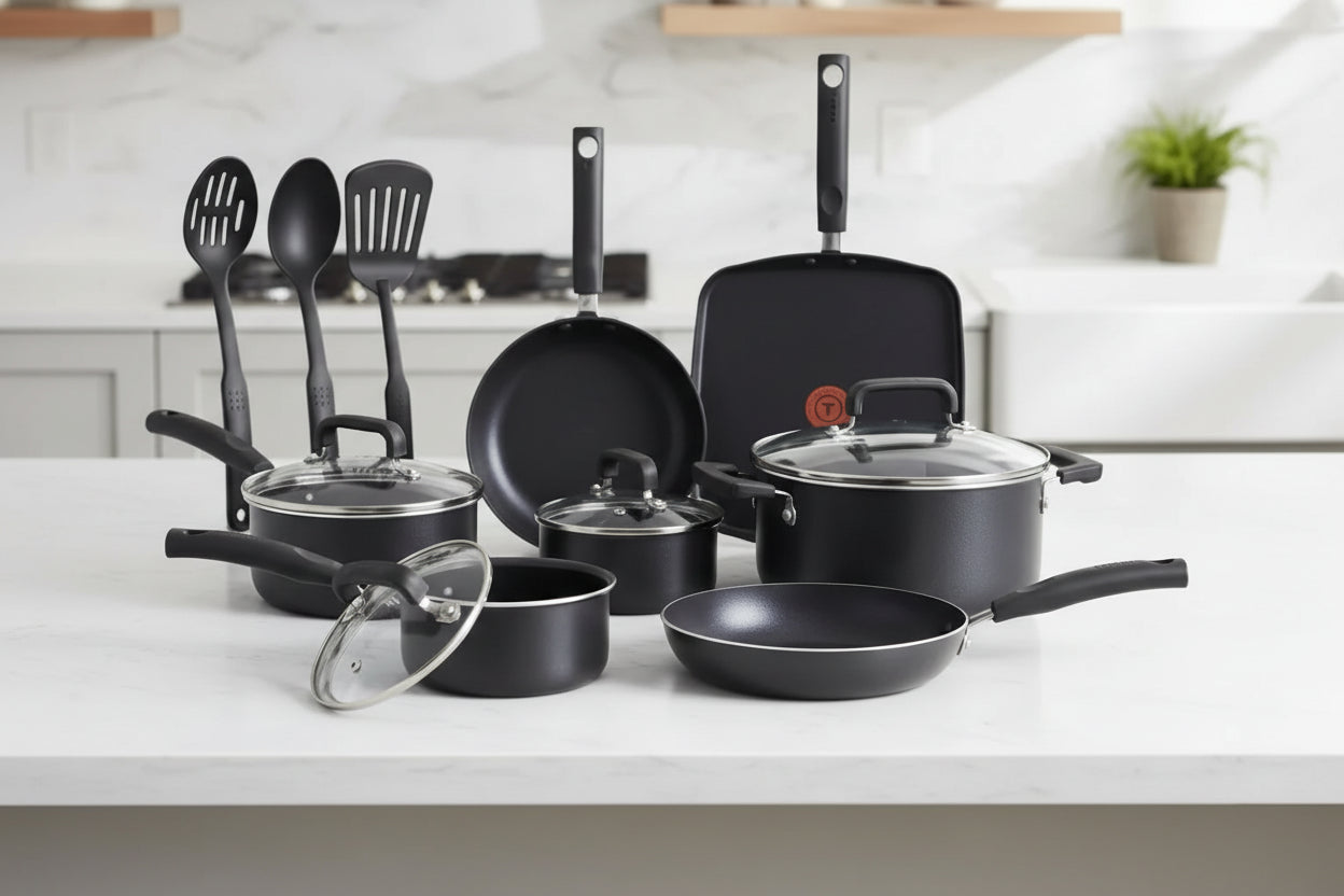 Set of black cookware on a kitchen counter with a 'NEW' sign in the background.