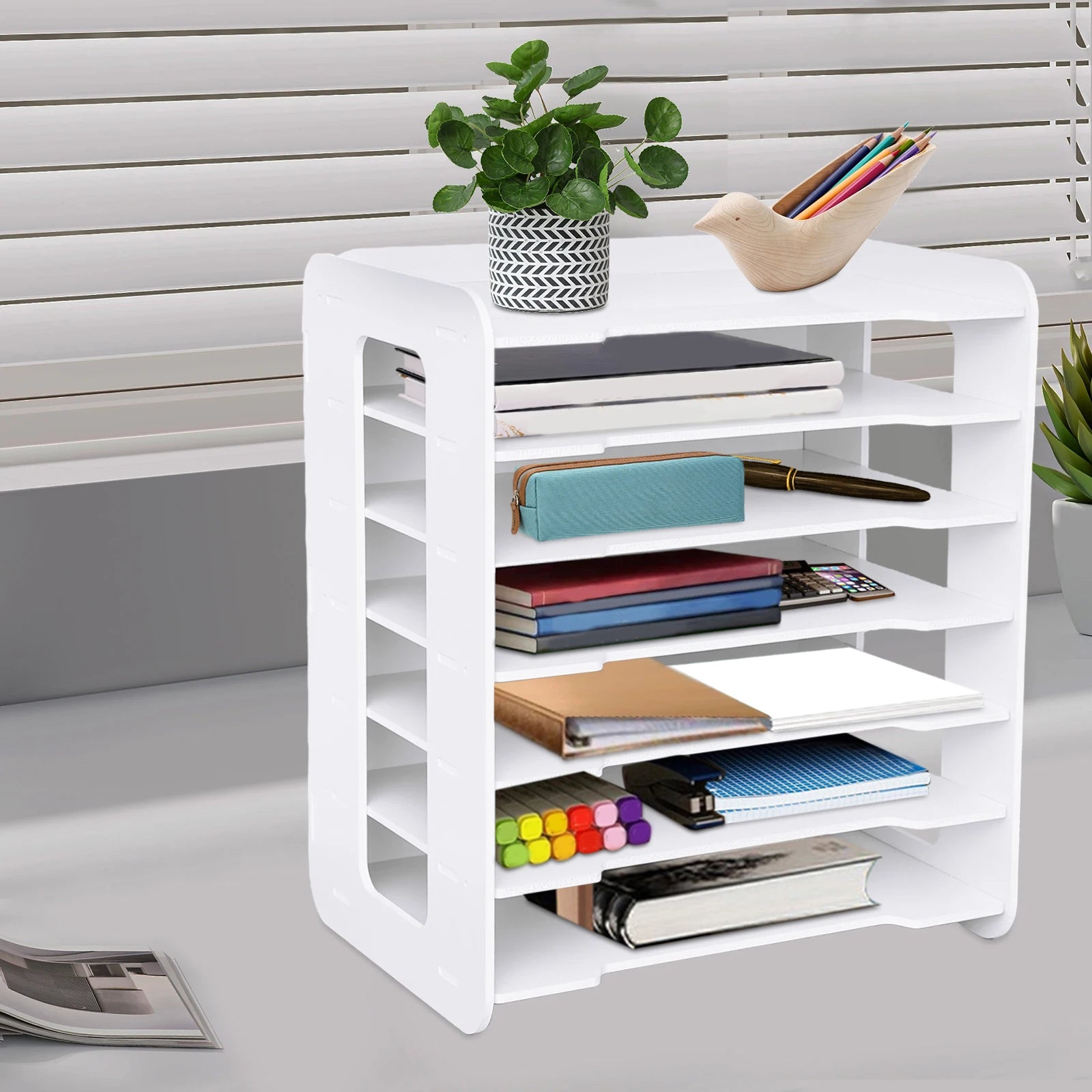 7-Tier White PVC File Document Rack Desktop Literature Storage Cabinet ...