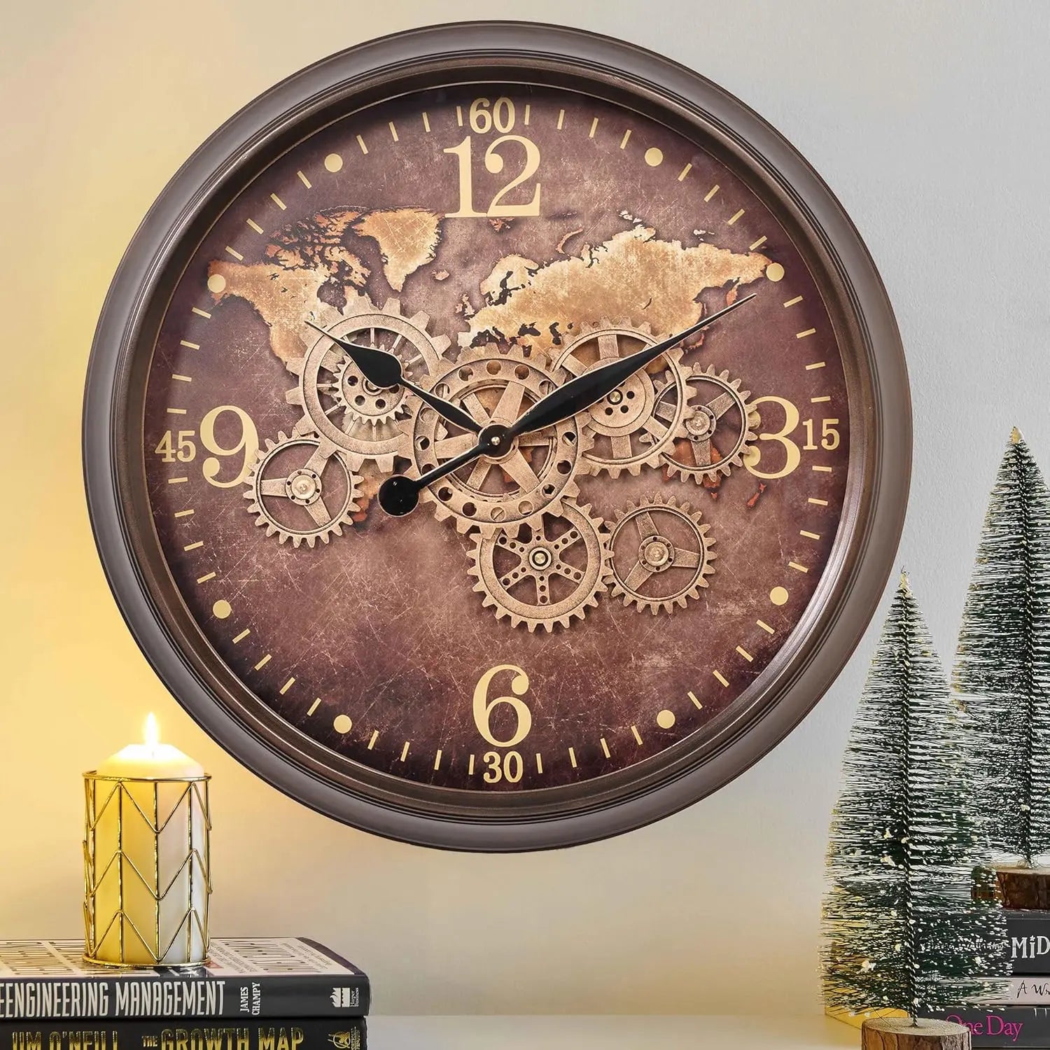 24 inch Large Wall Clock Moving Gears - Industrial World Map Dial ...