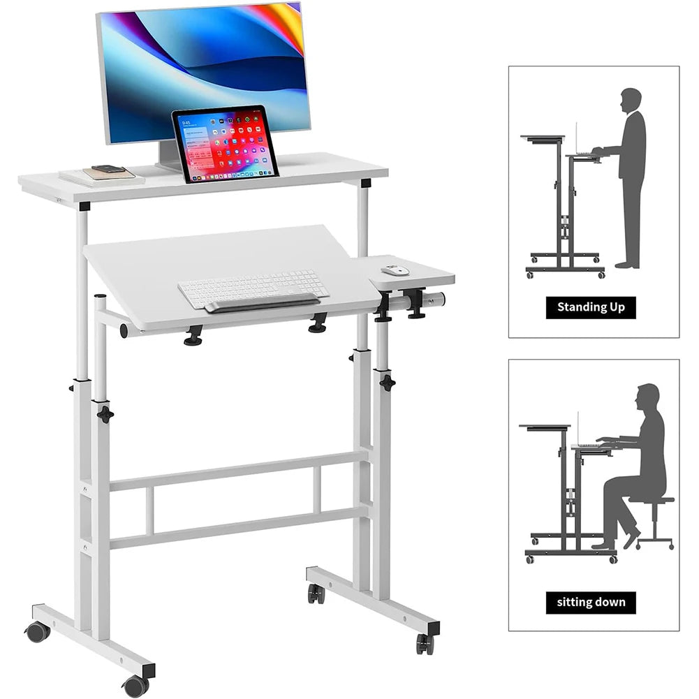 Computer Table Roller Mobile Desk with Folding Table Top - Height Adjustable Computer ...
