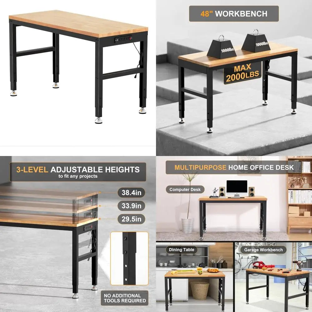 Adjustable Height Solid Wood Workbench - with Power Outlets, LED & 2000 ...