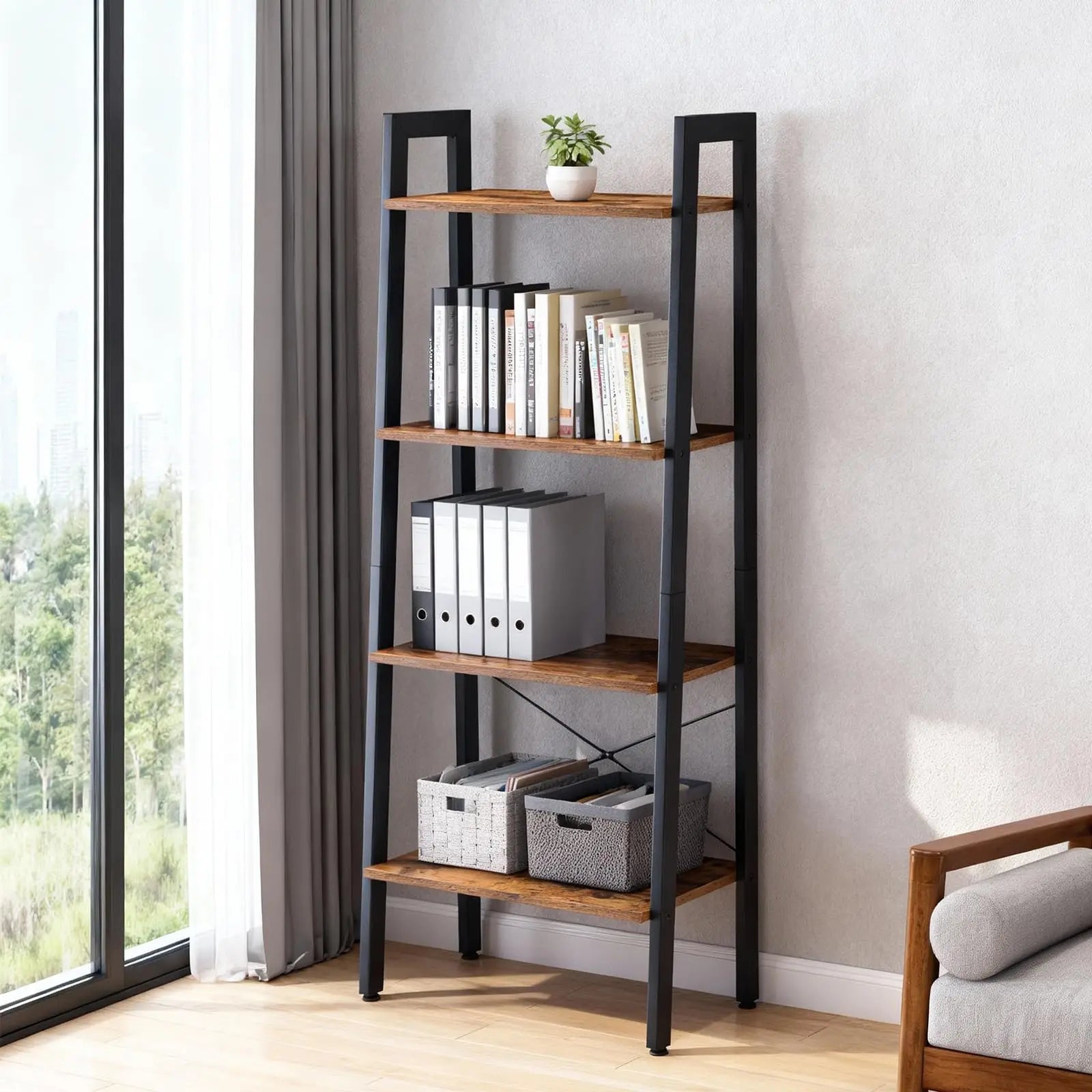 JHK 4-Tier Graduated Display Bookshelf Wooden Standing Shelf Metal ...