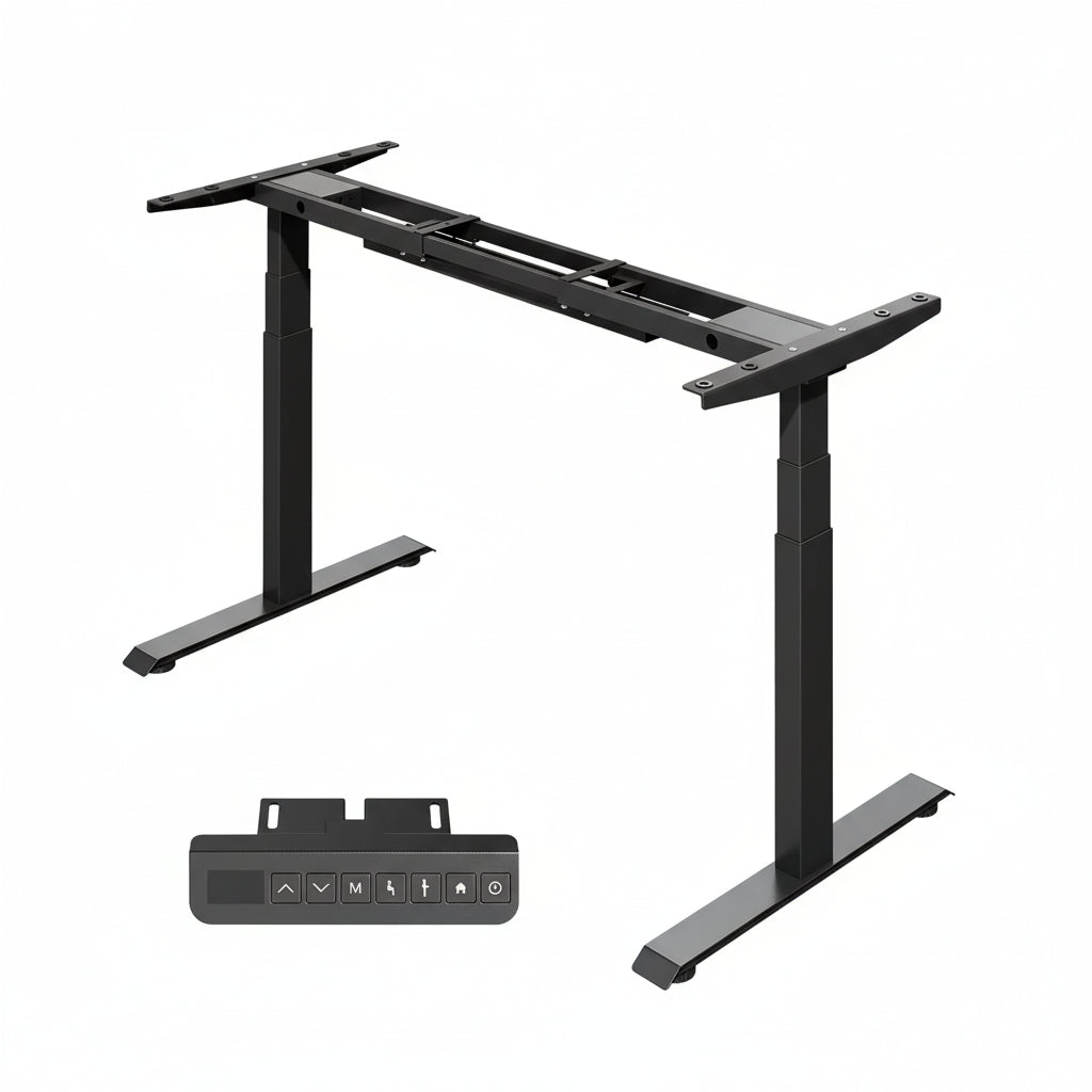 Black adjustable desk with remote control on a white background, featuring the Redlife brand.