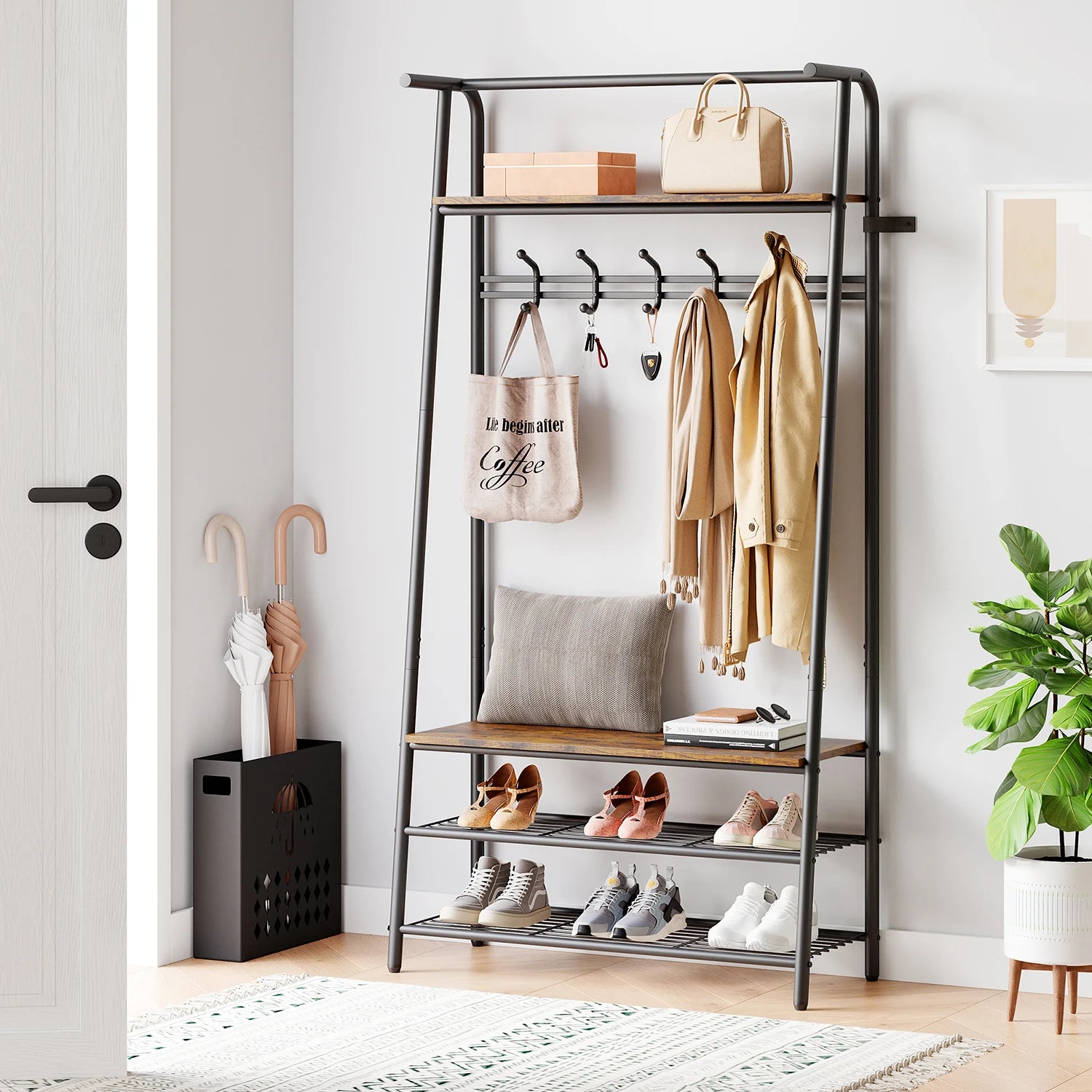 4-in-1 Entryway Hall Tree Coat Rack Shoe Bench Storage Shelf ...
