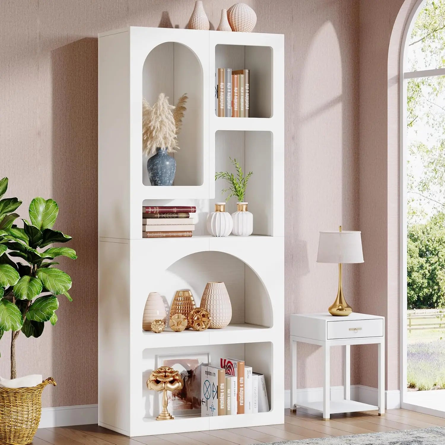 Tall Geometric Bookshelf White Arched Bookcase with Irregular ...