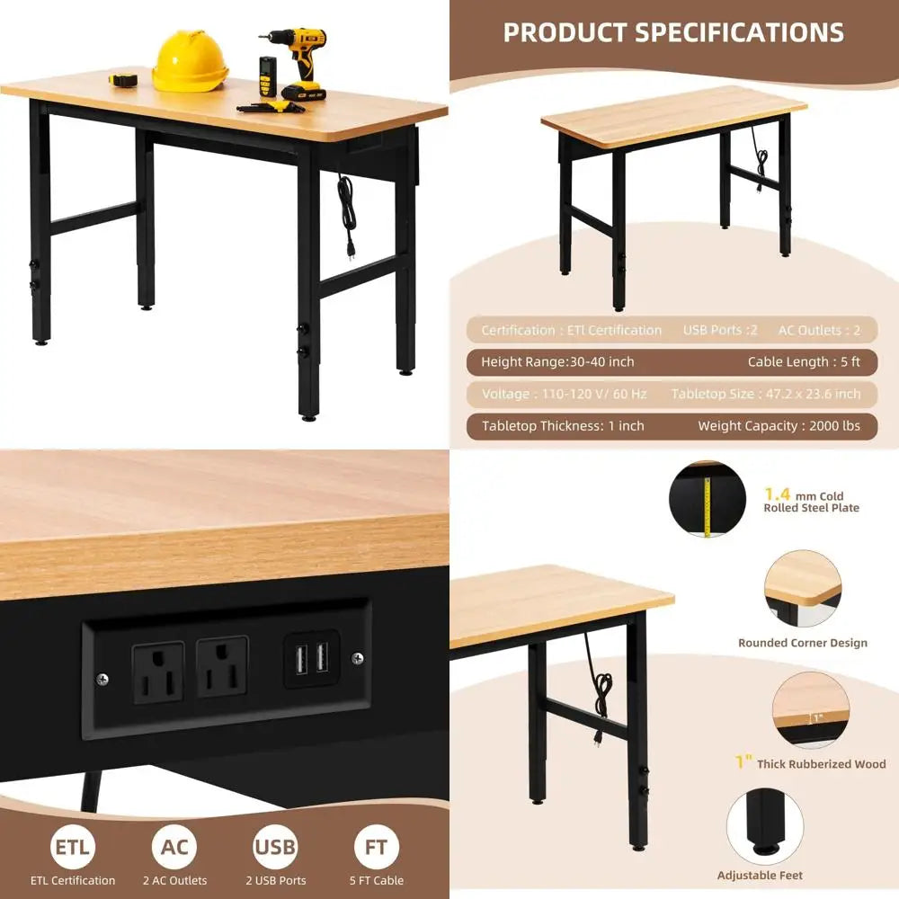 Heavy Duty Adjustable Workbench with Power Outlets - 2000 lb Capacity ...