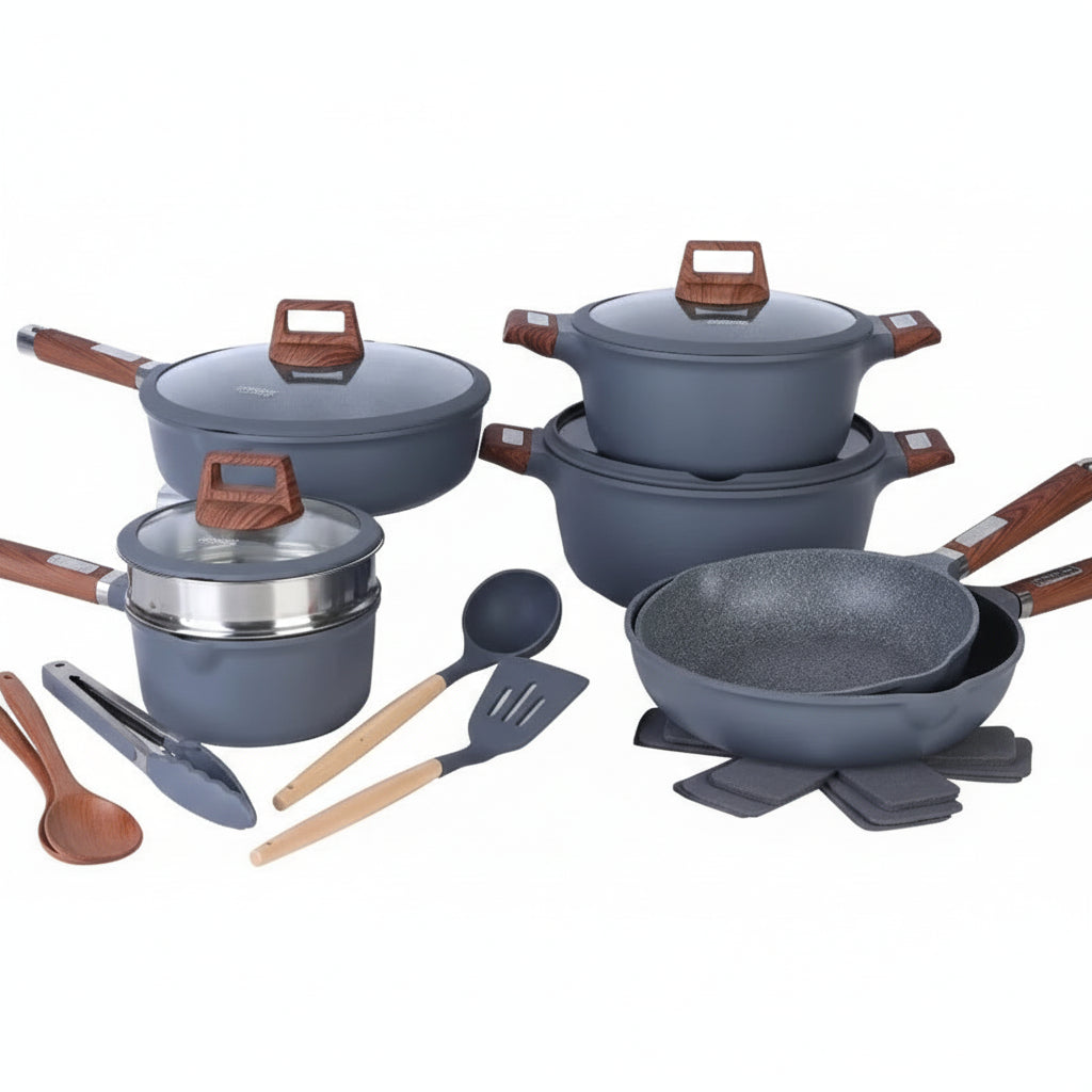 Donnor cookware set with pots, pans, and utensils on a white background