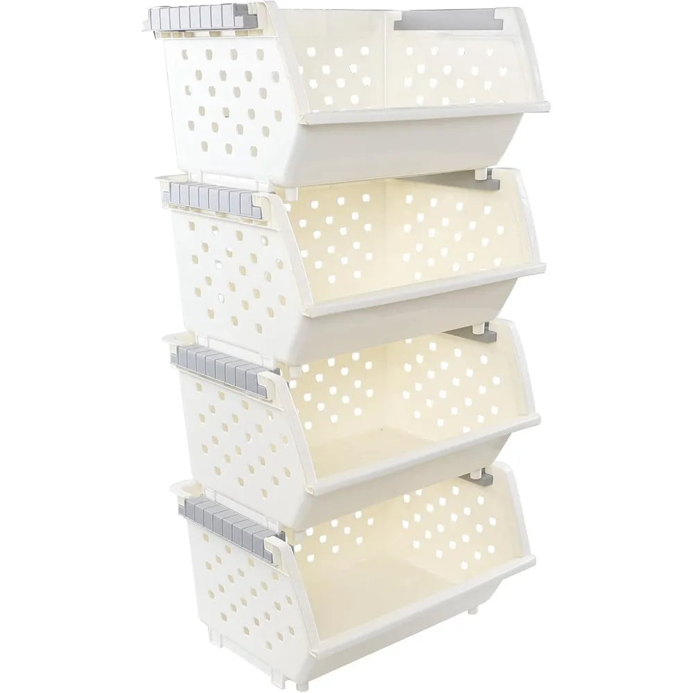 Pack White Large Stacking Basket Plastic Stackable Detachable ...
