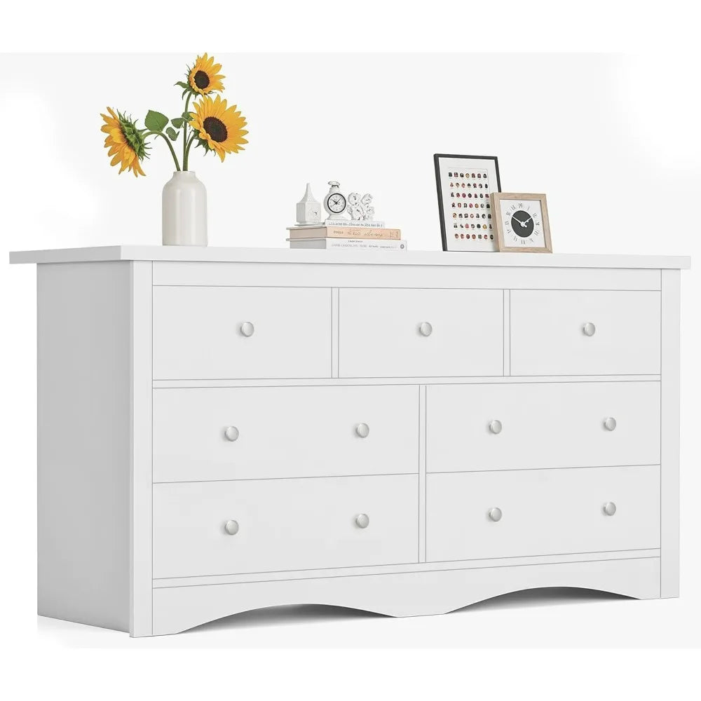 Furmax 7 Drawer Dresser TV Stand for Bedroom | 65 Inch White Wood ...